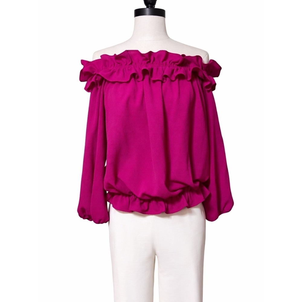 TYCHE Off the Shoulder Blouse Women L Magenta Pink T-0193 Ruffle Balloon Sleeve
